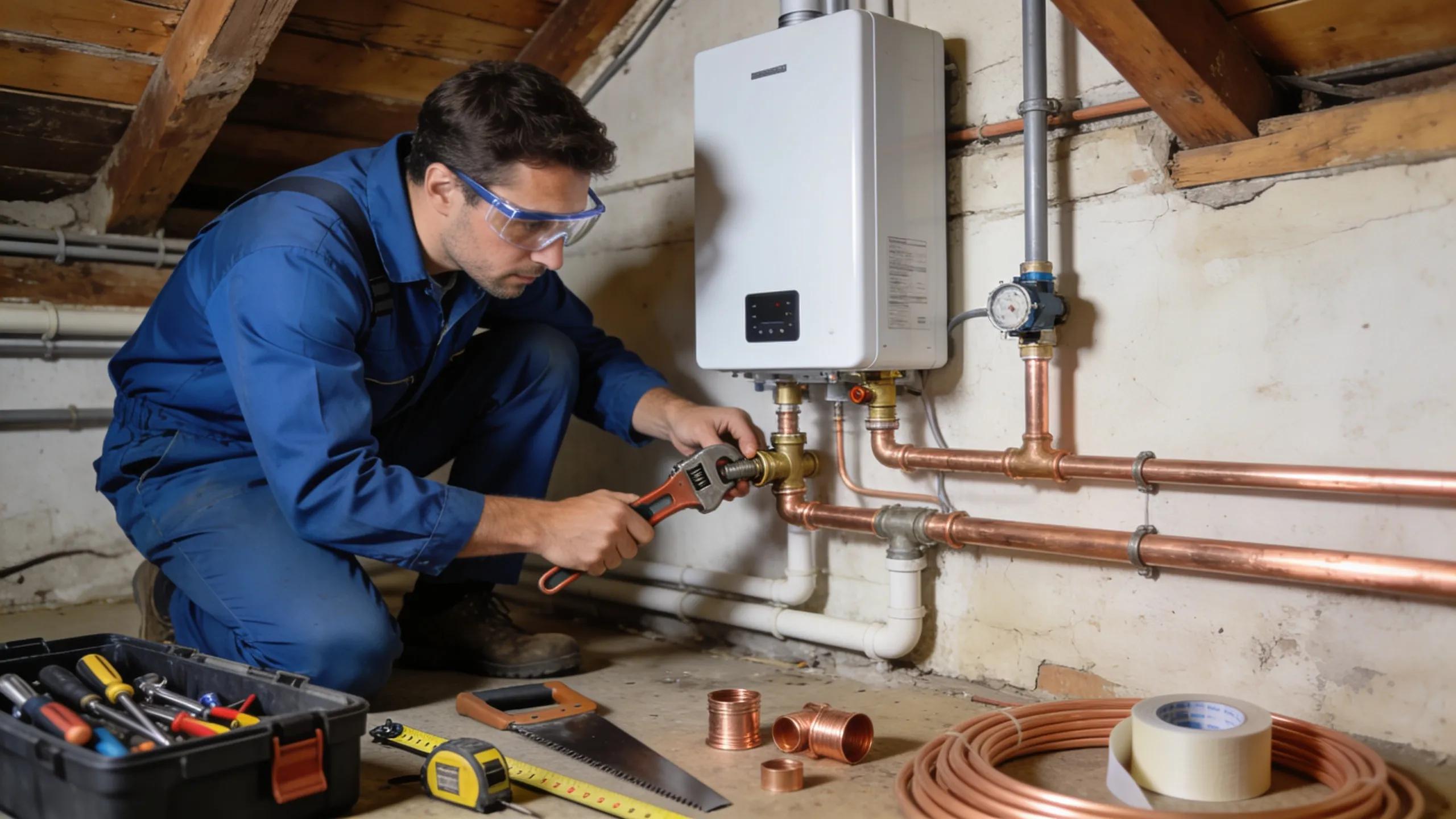 Professional plumber installing a tankless water heater, showcasing installation complexity
