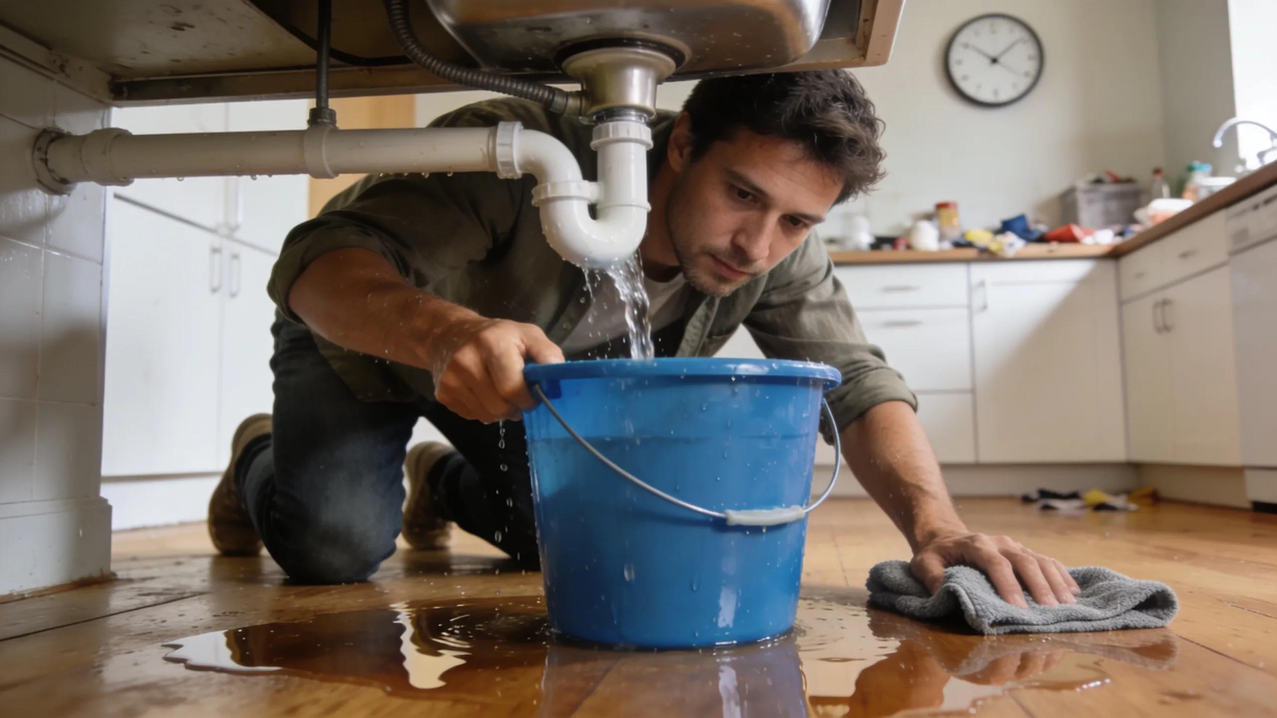 Homeowner containing water pooling on the floor from a burst pipe using buckets and towels