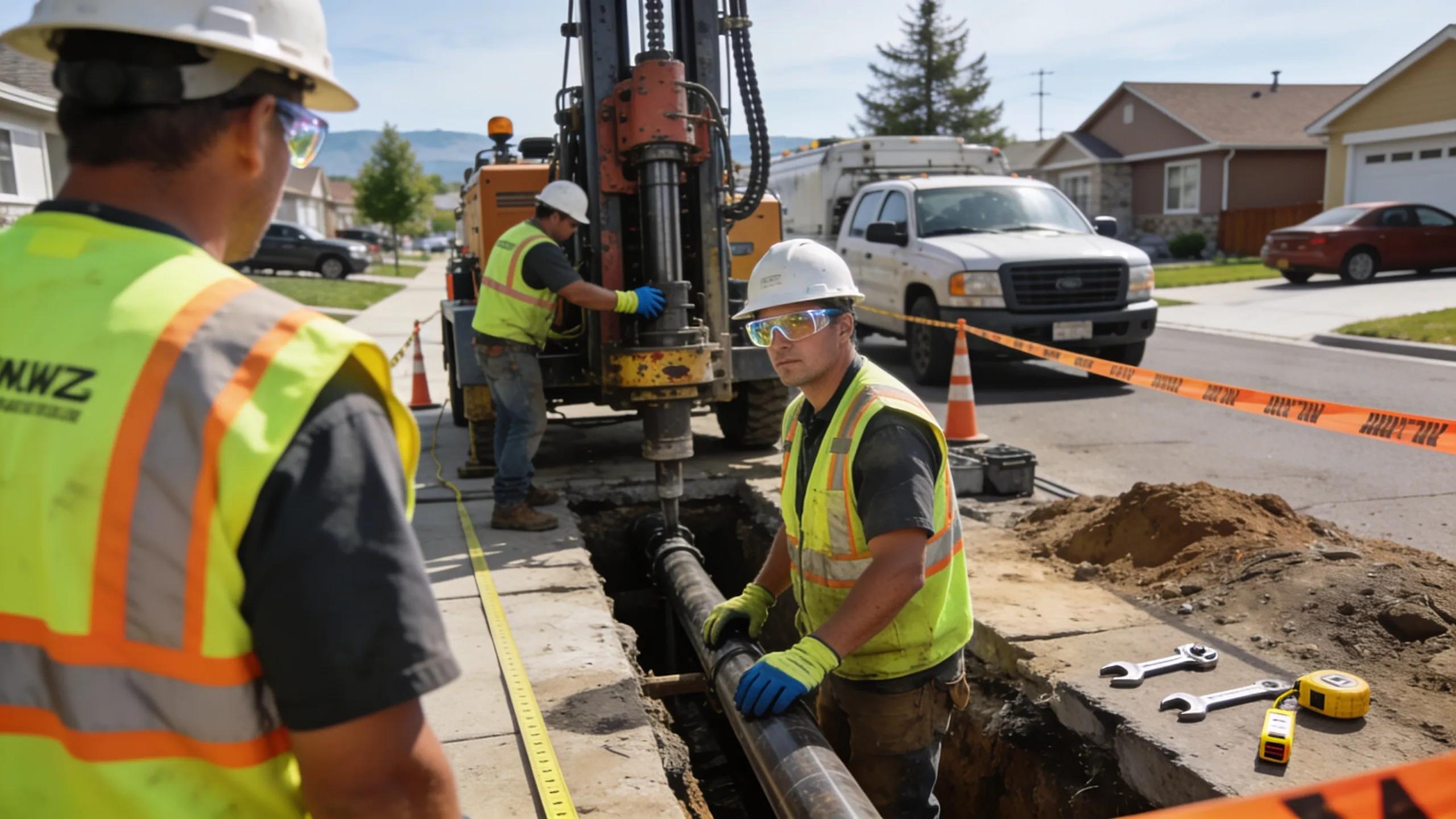 Sewer line replacement using trenchless technology with workers in Kennewick, WA.