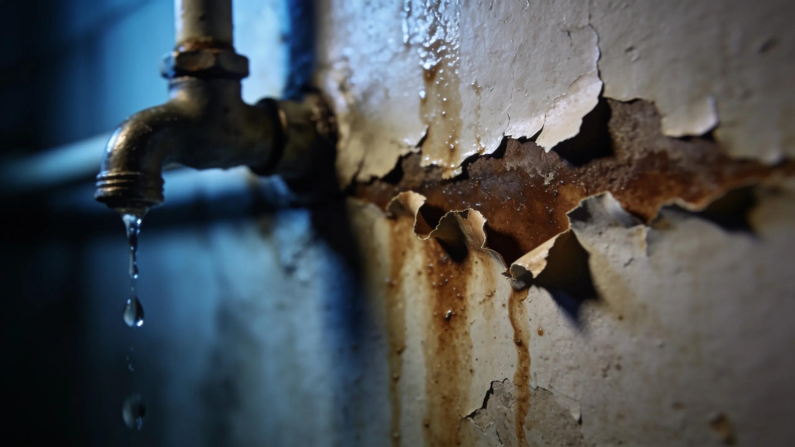 Close-up of water-damaged wall showing discoloration and peeling paint indicating plumbing issues
