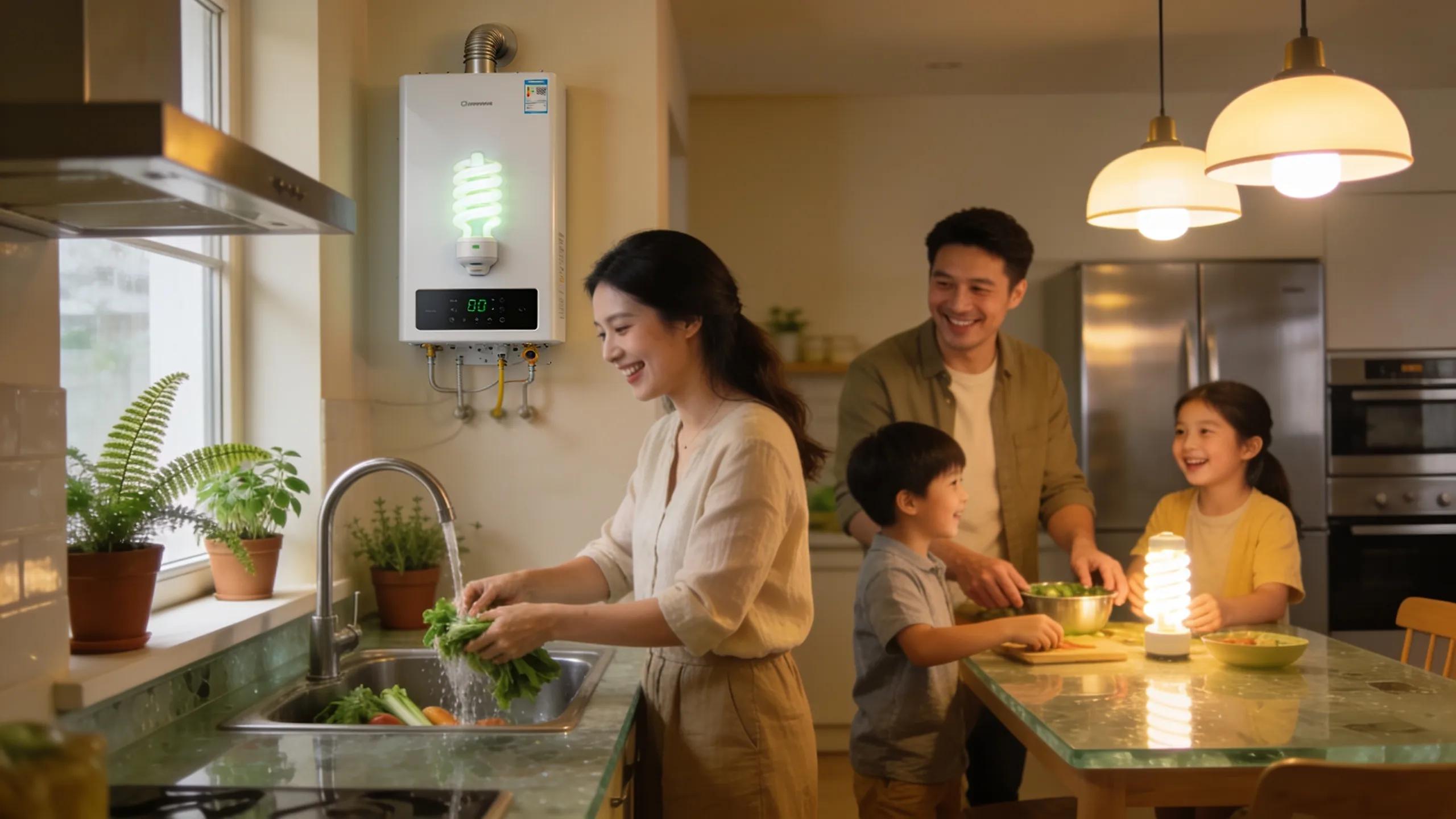 Family enjoying their modern kitchen powered by an energy-efficient tankless water heater
