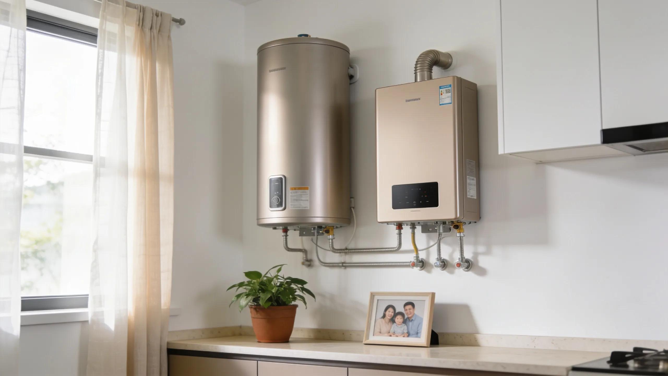 Comparison of tank and tankless water heaters in a home setting, illustrating HVAC options