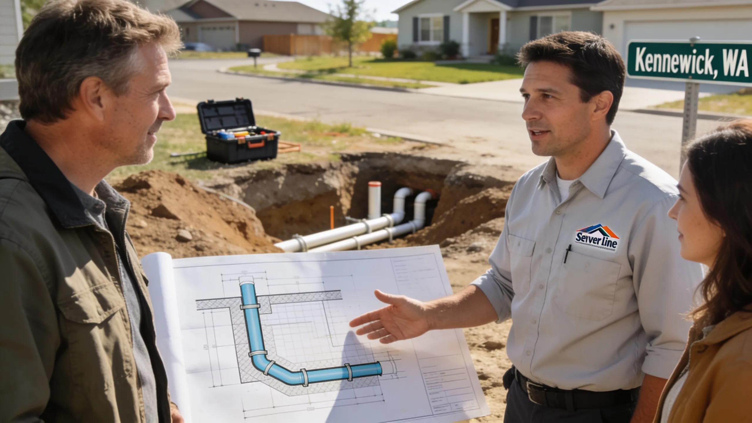 Homeowner discussing sewer line replacement options with a contractor in Kennewick, WA.